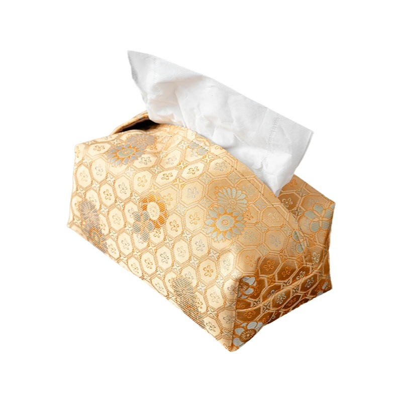 Tissue Box Cover National Trend Fabric New Chinese Style Orange Plaid Pattern Flower Print Living Room Bedroom Office Desktop Tissue Holder Handmade S