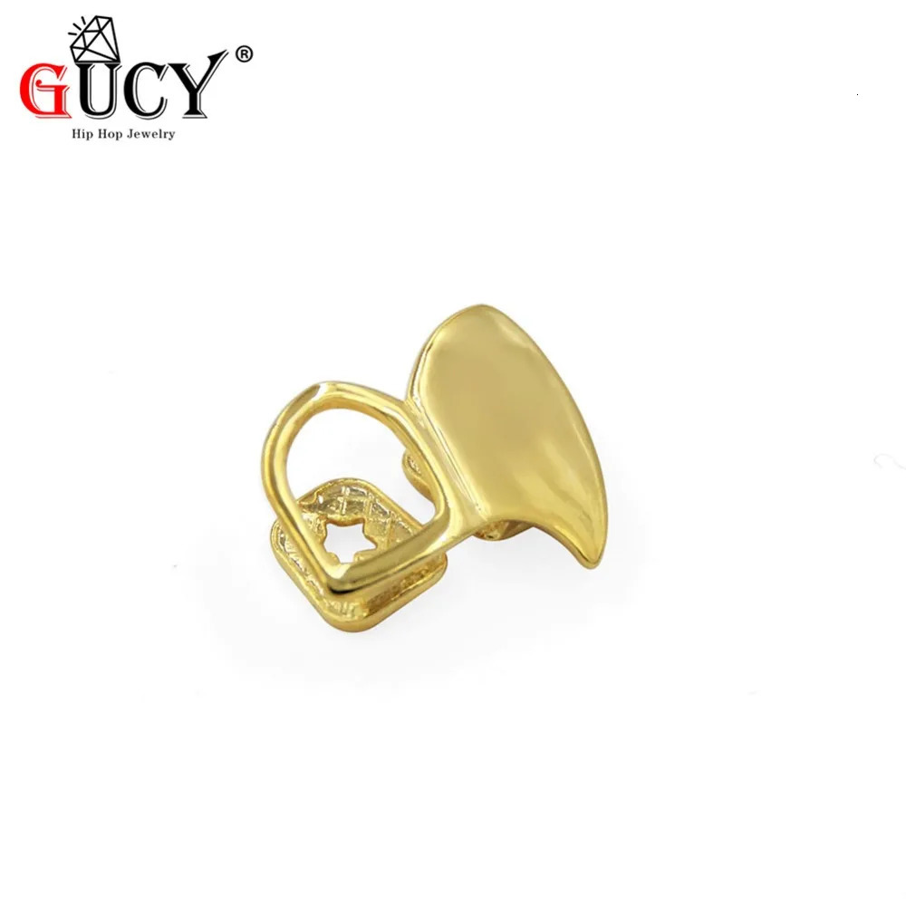 GUCY Hip Hop Double Cap Fang Yellow Gold Color Plated Canine Two Tooth Upper Top Left Fangs Hollow Teeth Grills 260407