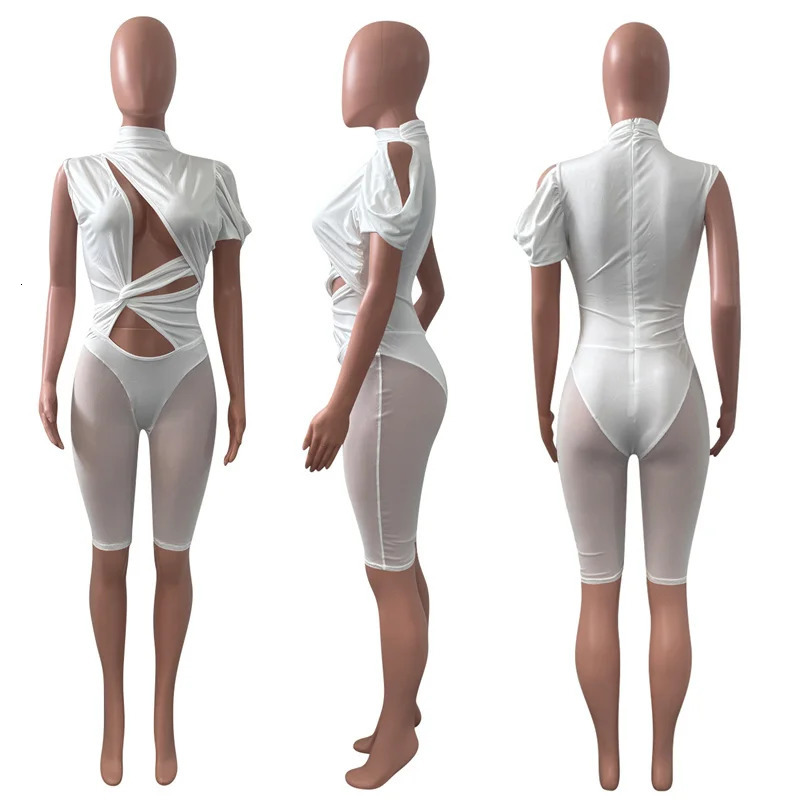 Sexy Mesh Patchwork See Through Skinny Playsuit Women One Shoulder Draped Hollow Out One Piece Rompers Party Club Jumpsuit Short 260407