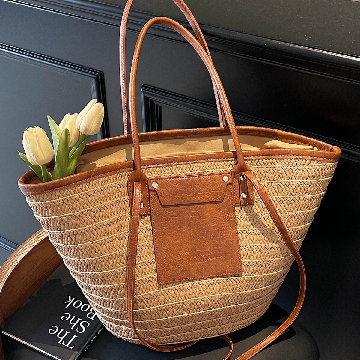 Large Straw Woven Tote, Women's Woven Beach Shoulder Bag with Leather Pocket, Trendy 2026 Casual Travel Tote for Summer
