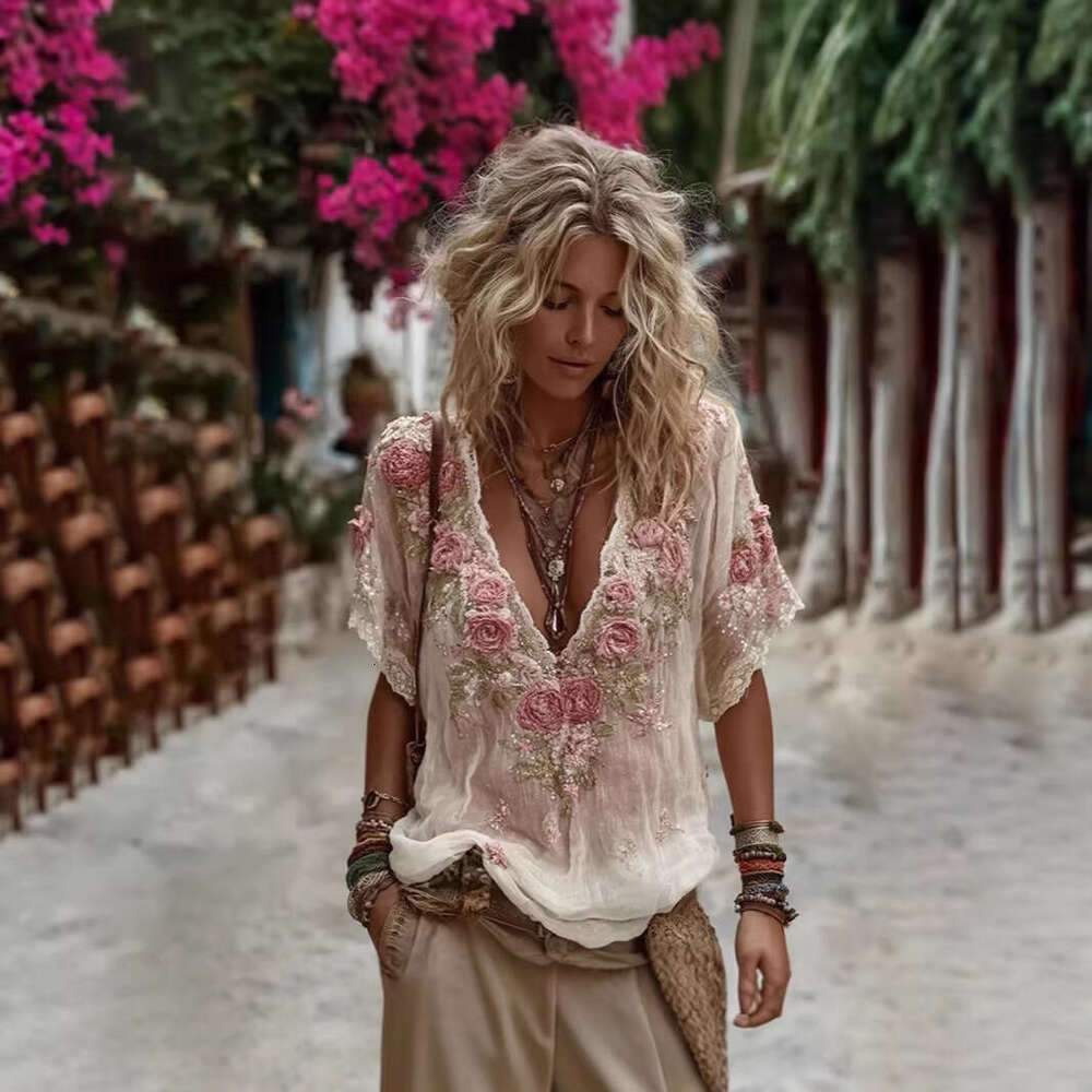 Cross-Border European American Summer New Style V-Neck Elegant And Artistic Retro Short-Sleeve Top For Women