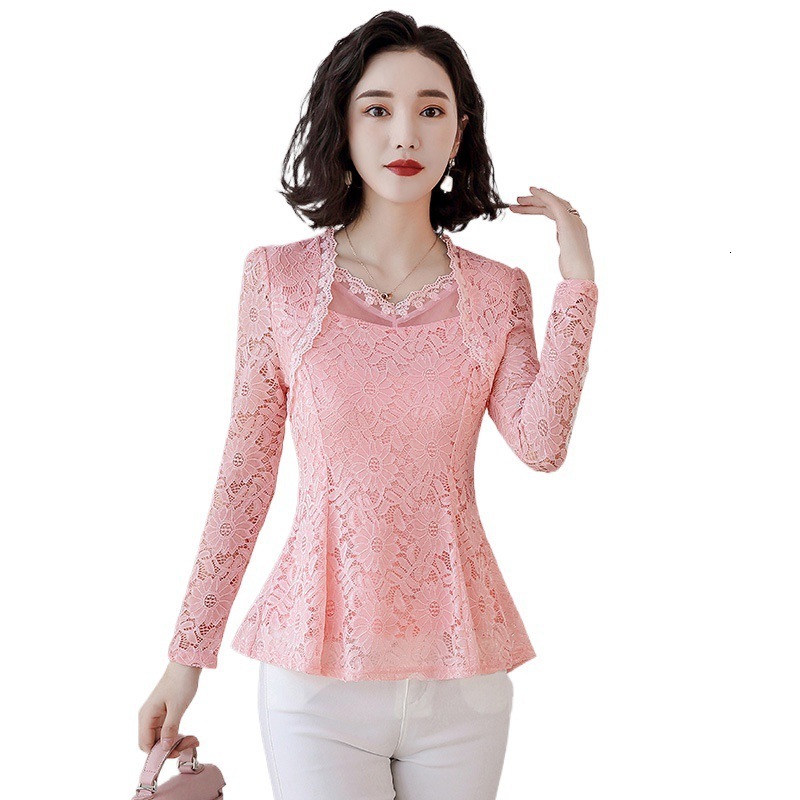 2025 Spring New Large Size Elegant Waist-Slimming Long Lace Blouse for Women Solid Color Suitable for Mothers 210317