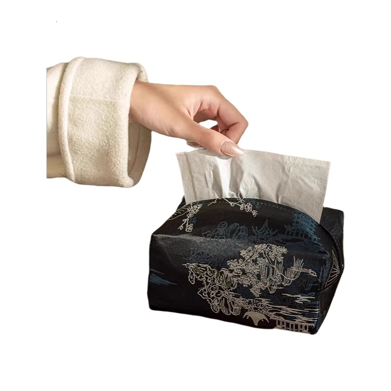 Tissue Box Cover New Chinese Style Black Landscape Print Fabric Tissue Holder For Living Room Bedroom Office Home Use