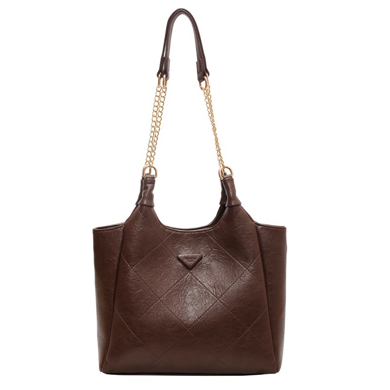 Large Quilted Leather Tote, Women's Brown Chain Shoulder Handbag, Trendy Daily Commute Bag for Work