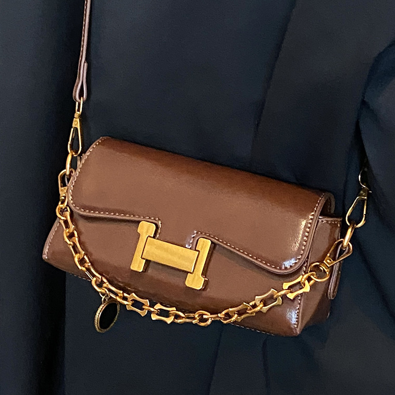 2026 New Arrival H-Buckle Flap Crossbody Bag for Women - Premium PU Leather Handbag with Gold Chain, Luxury Retro Shoulder Purse