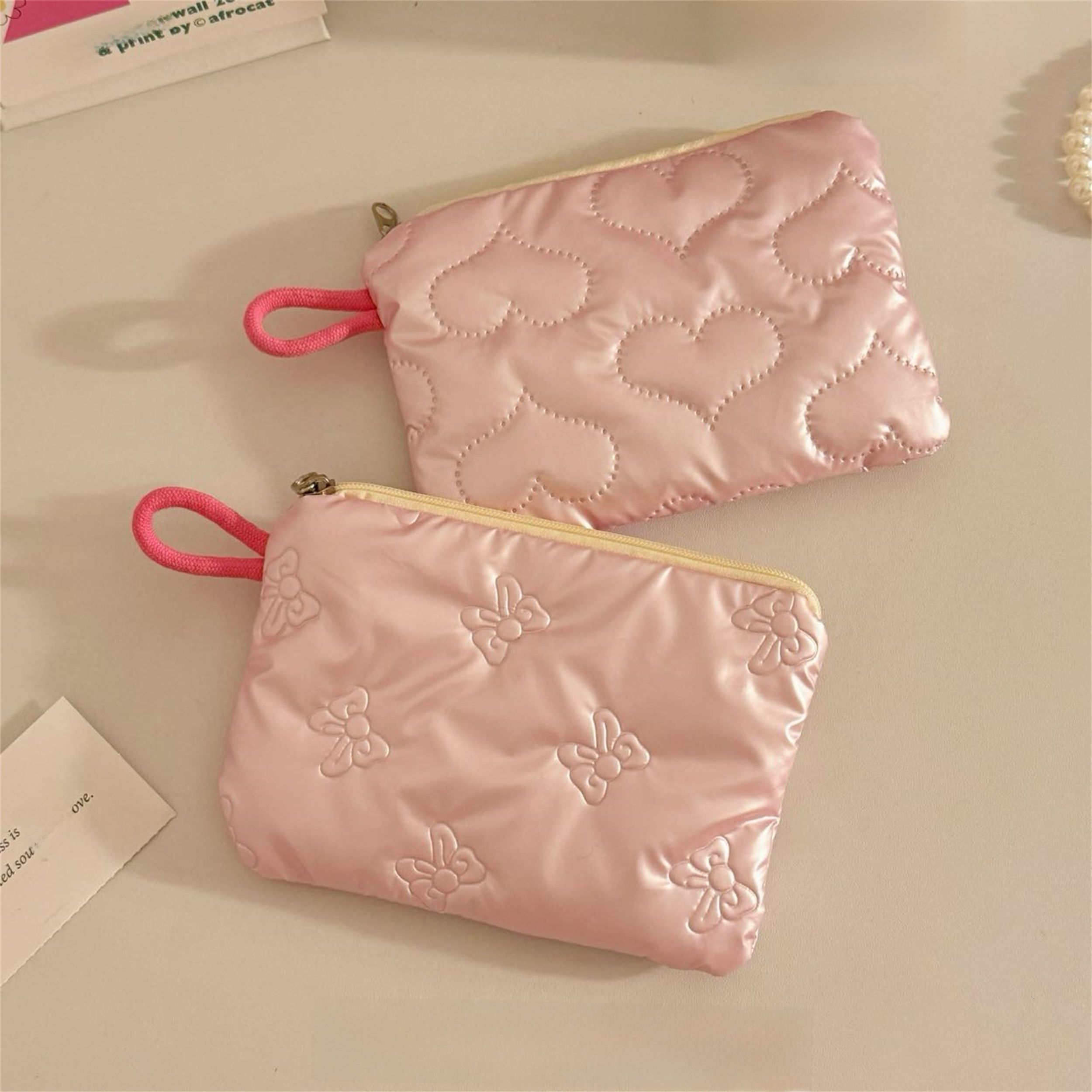 Makeup Bag Korean Ins Blogger Style Quilted Cute Bow Print Glossy Leather Handheld Portable High Value Small Coin Purse For Women