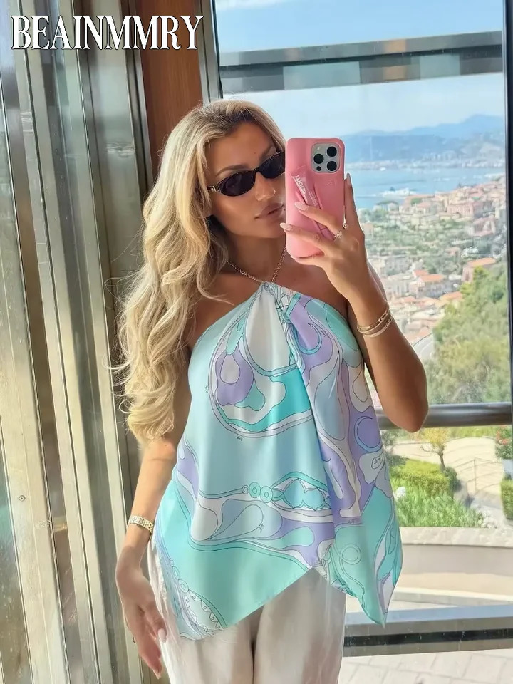 Lady Sexy Printed Backless Halter Top Chic Sleeveless Off Shoulder Irregular Loose Cropped Blouse 2026 Vacation Beach Tops 260408