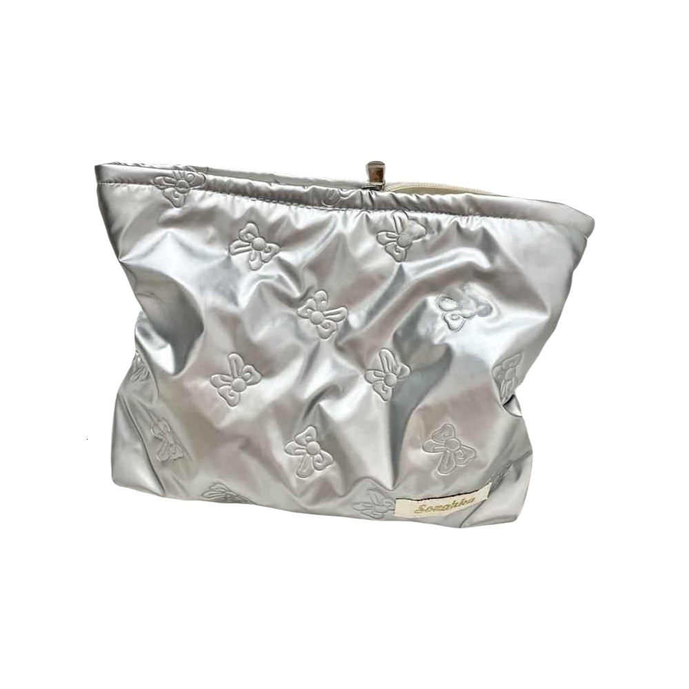 Makeup Bag Korean Ins Blogger Style Quilted Cute Bow Print Glossy Leather Handheld Portable High Value Small Coin Purse For Women