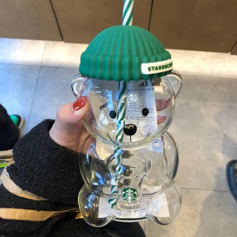 20oz Bear Straw Cute Transparent Glass Cup with Hat Iced Coffee Cold Drink Gift Water Bottle with Sign