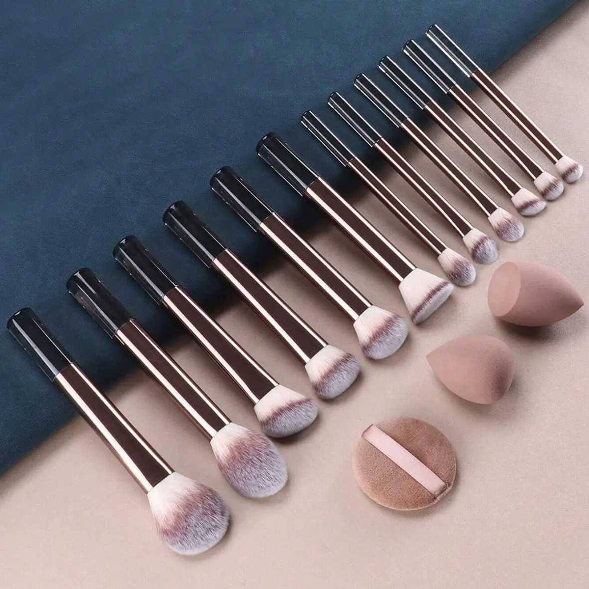 12pcs Professional Makeup Brush Set Incl Eyeshadow Powder Blush Brushes 2pcs Makeup Sponges 1pc Powder Puff Complete Trave Z260408