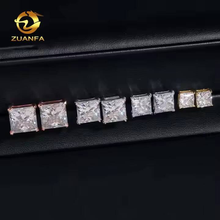 Wholesale Fashion Jewelry Princess Cut Single Diamond Ear Studs VVS Moissanite 925 Sterling Silver Stud Earring for Men Women
