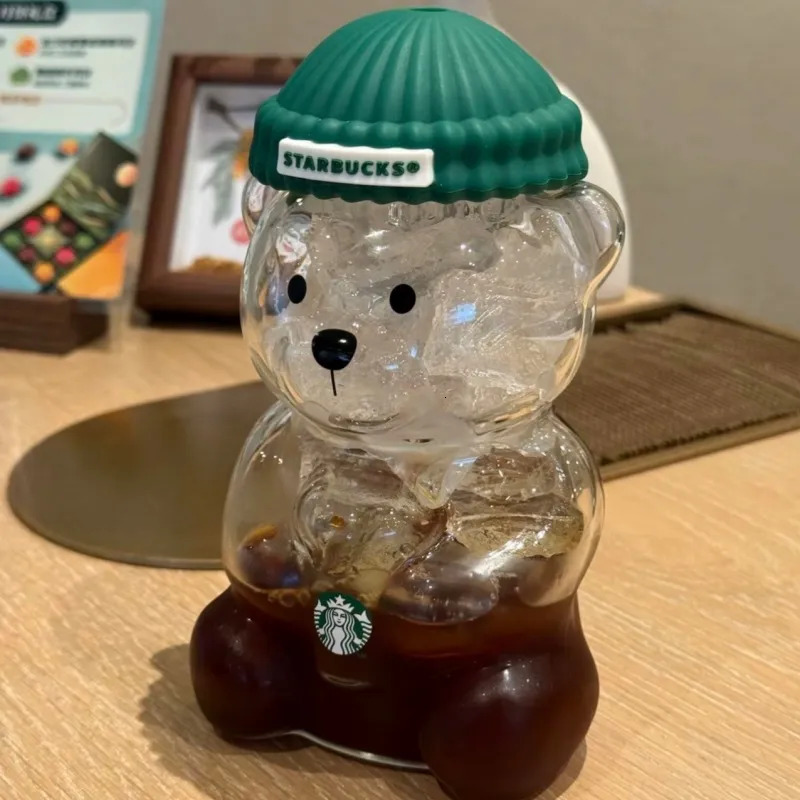 20oz Bear Straw Cute Transparent Glass Cup with Hat Iced Coffee Cold Drink Gift Water Bottle with Sign