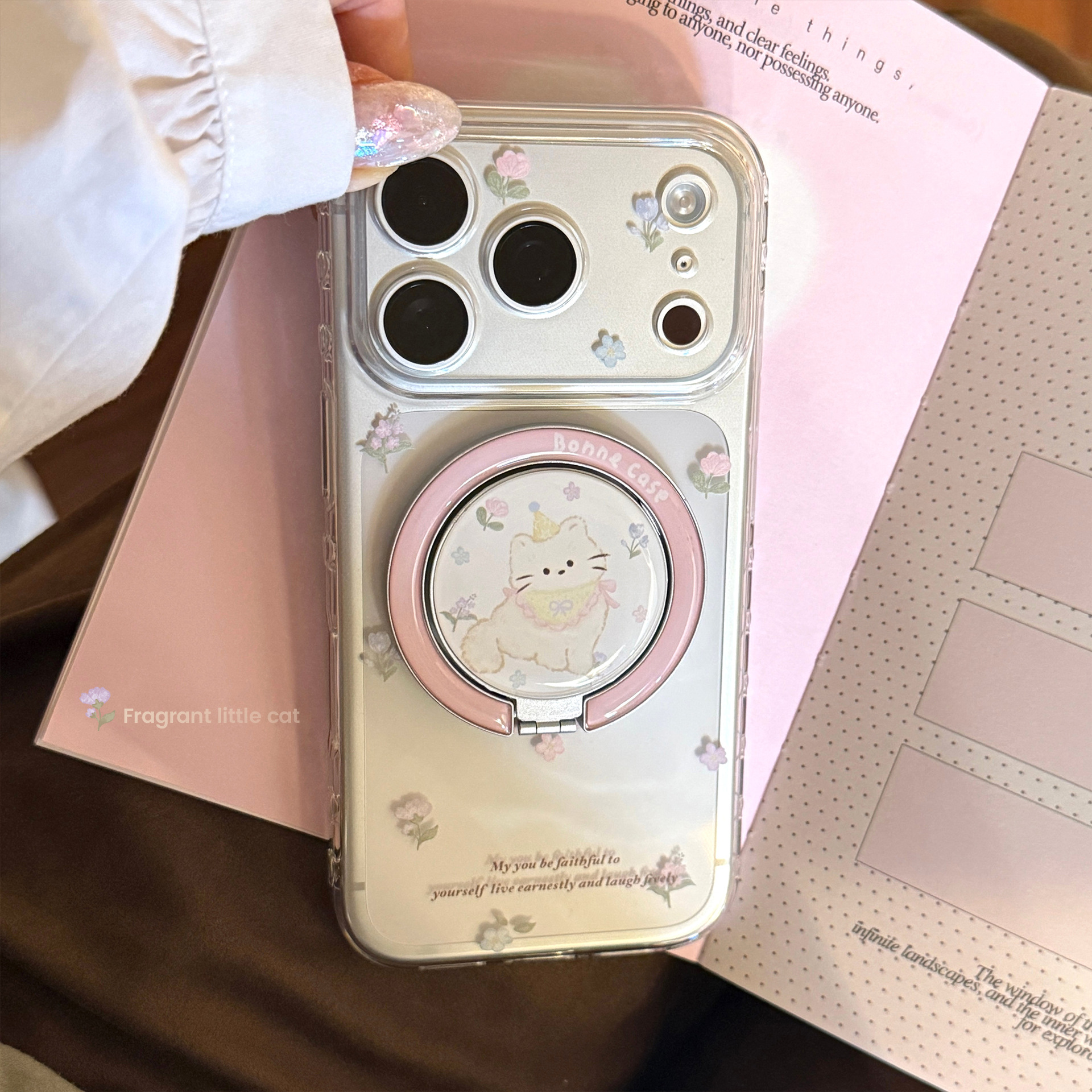 Flower Cat MagSafe Stand Case for iPhone 17 Pro Max 16 Clear Cartoon Cover