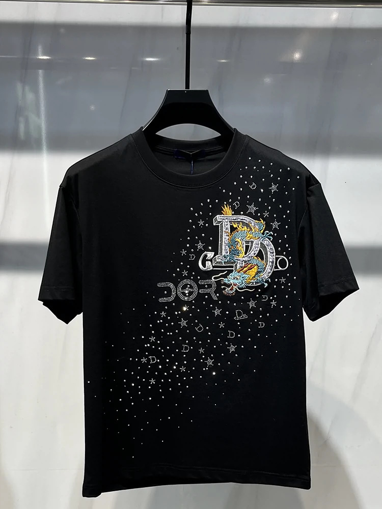 Luxury Brand Designer Clothes 2026 High-End Designer Apparel Men's European Letter Embroidery Print Rhinestone Round Neck Short Sleeve Trendy Cas
