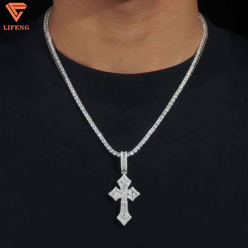 Lifeng Jewelry Custom Baguette Hip Hop Fashion 925 Sterling Silver Full Iced Out Vvs Moissanite Cross Pendant Necklace for Men