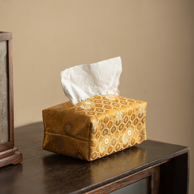 Tissue Box Chinese Zen Style Light Luxury Brown Background Four Leaf Clover Pattern Fabric Retro Living Room Tea Table Household Tissue Cover