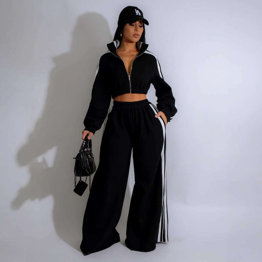 Spring new striped zipper sportswear casual commuting two-piece running set fashionable versatile casual sportswear