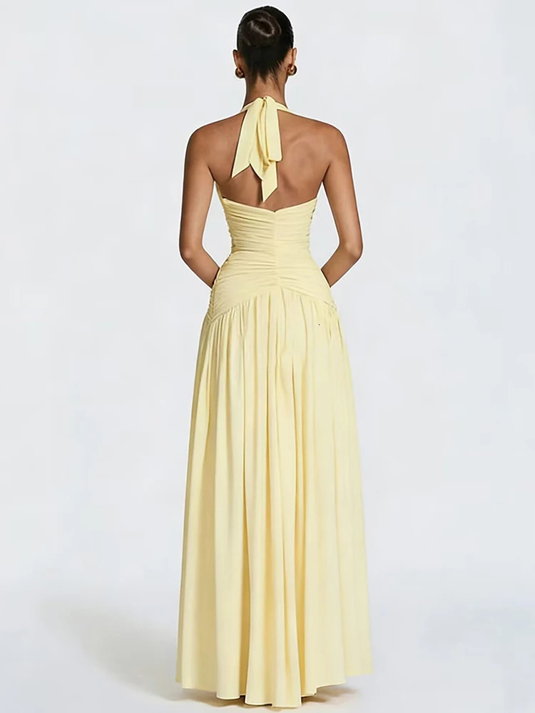 Mozision Halter Deep V Neck Sexy Maxi Dress Women Elegant Off-shoulder Sleeveless High Split Pleated Club Party Long Dress 260407