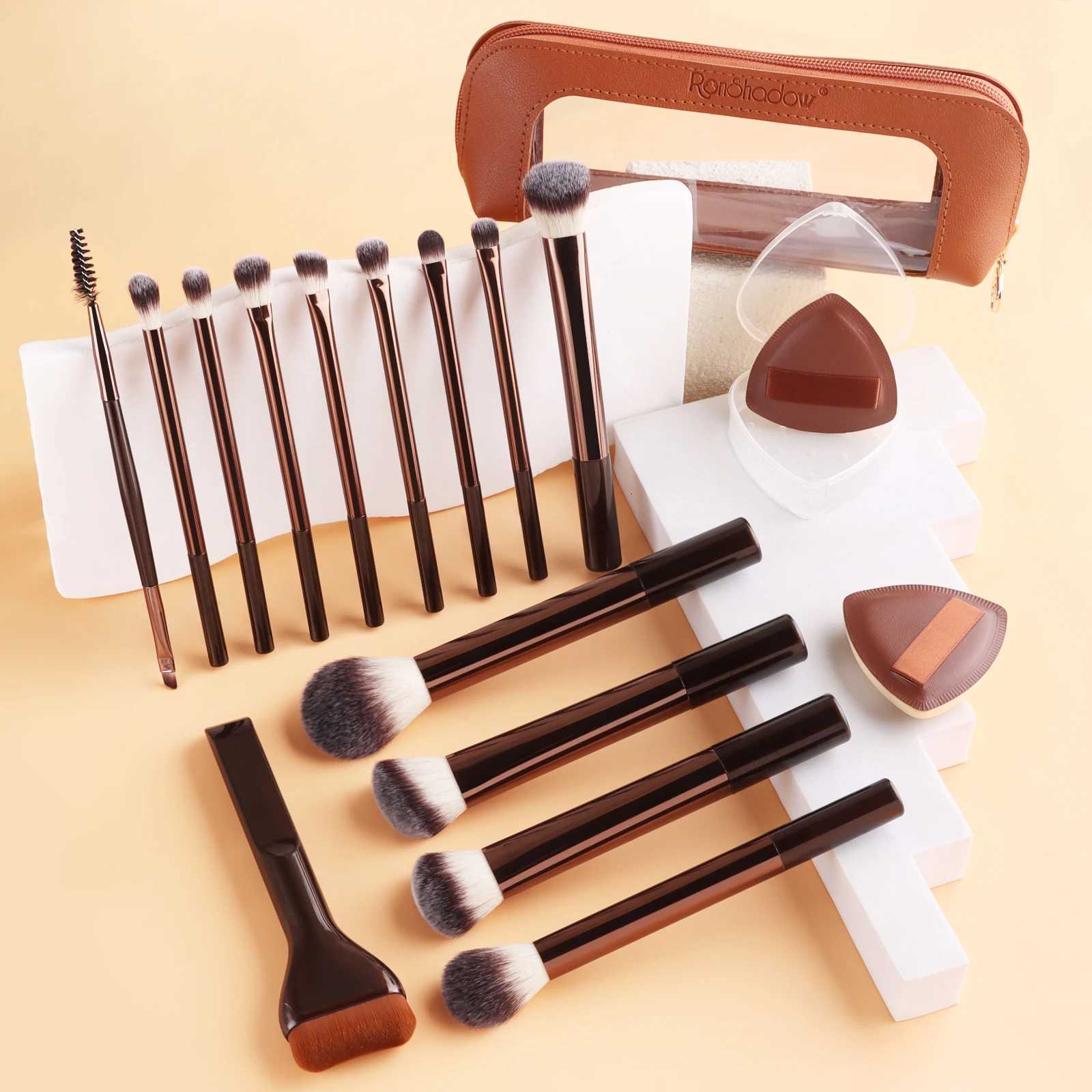 14 Pcs Makeup Brushes Kit with 2 Puffs and 1 Travel Cosmetic Bag for Foundation Eyeshadow Blush Z260408