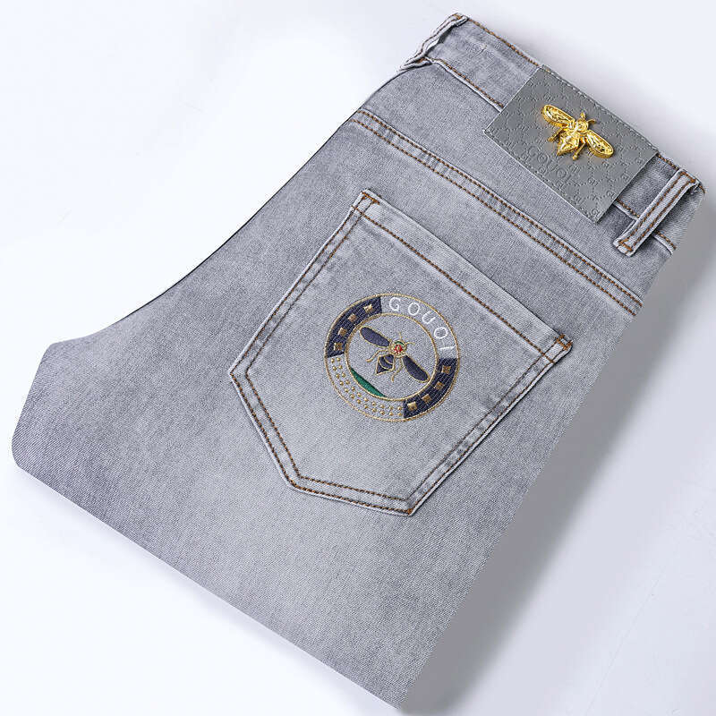 Spring Summer Mid Waist Stretch Slim Fit High End Embroidered Men's Long Ankle Length Pants Soft Breathable Lightweight Daily Wear Comfortable