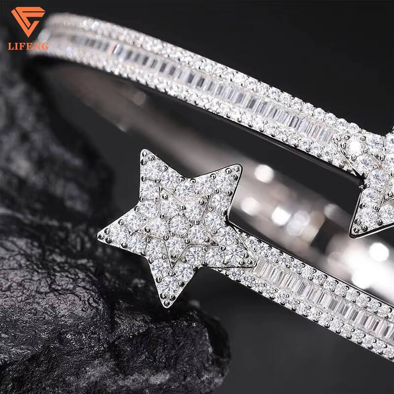 Lifeng Jewelry Pass Diamond Tester VVS Moissanite Star Bangle Baguette Cut Silver Bling Men Women Bracelet