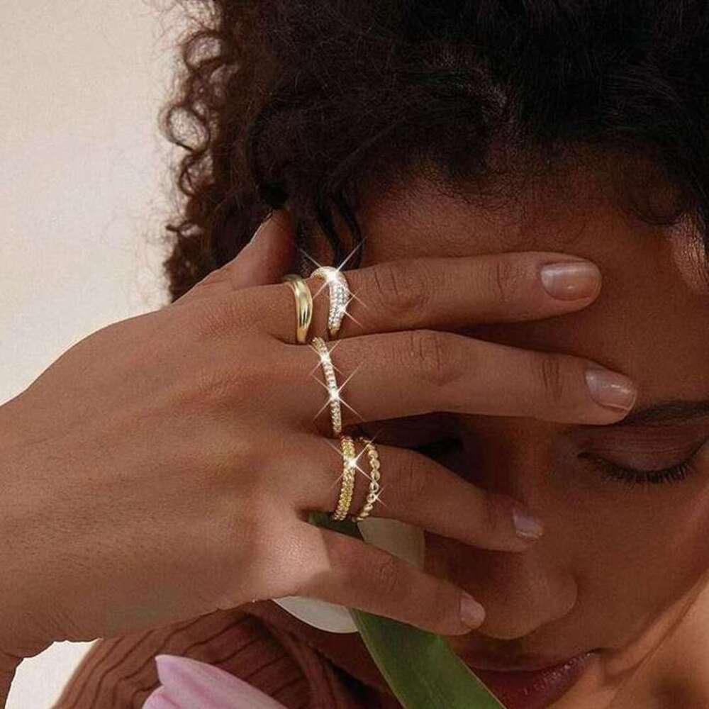 Ring Women Non Tarnish Dainty 14K Gold Plated Stacking Cubic Zirconia Thumb Ring Set Trendy Statement Chunky Band Promise Engagement Band Rings Size 6