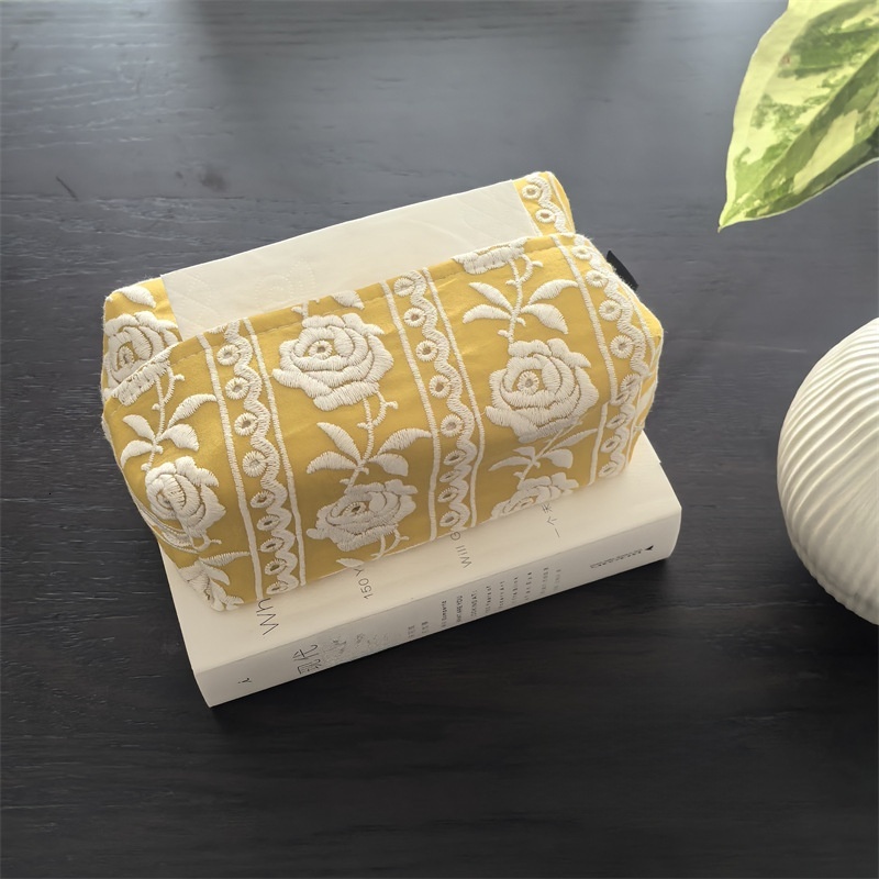 Tissue Box Cover Cotton Linen Embroidered French New Chinese Style Yellow White Camellia Plaid Pattern Fabric Tissue Storage Box