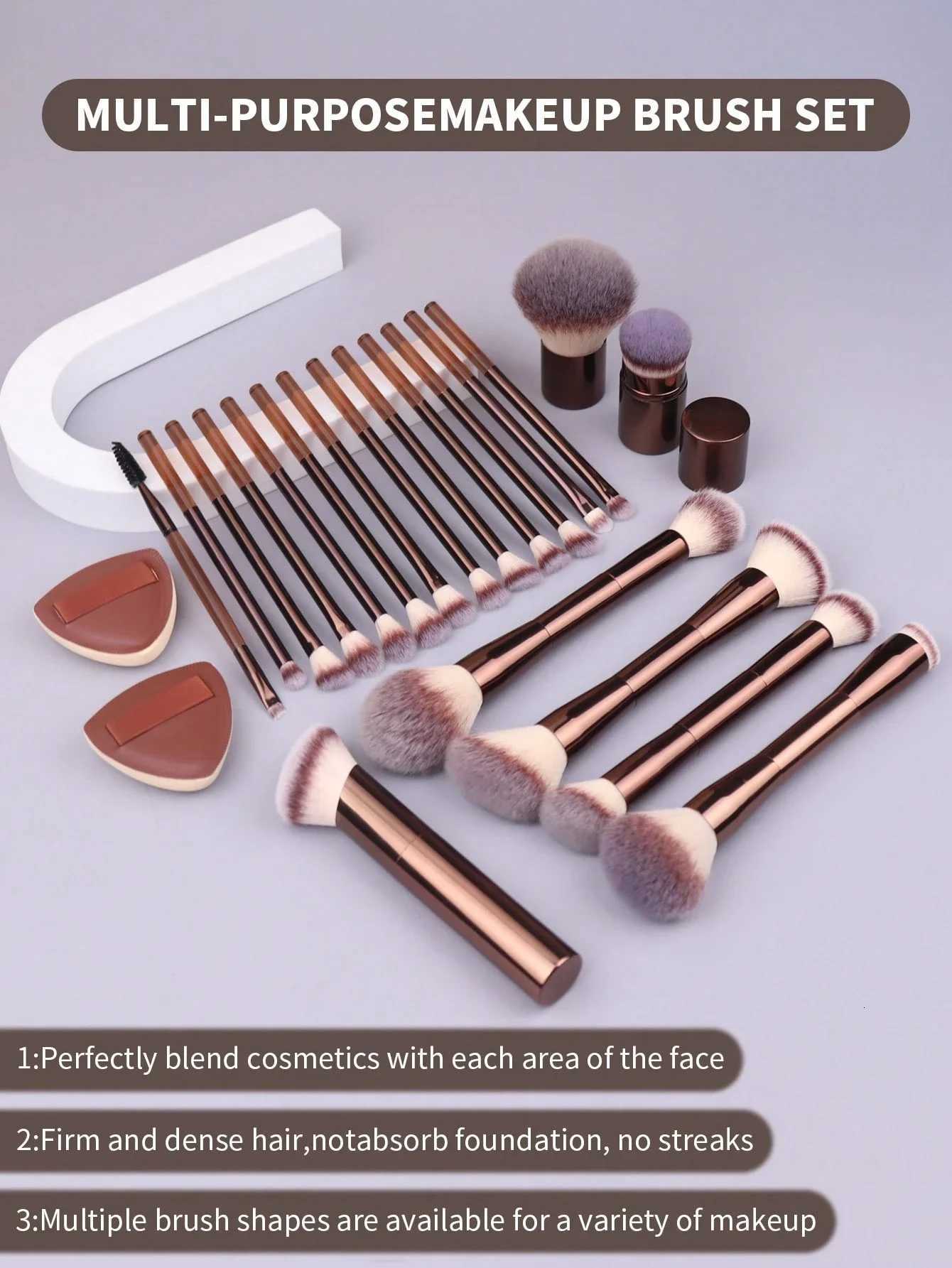 22pcs Professional Makeup Brush Set - 20pcs Long Aluminum Tube Soft Makeup Brushes 2pcs Sponge Puffs Accessories Including Powd Z260408