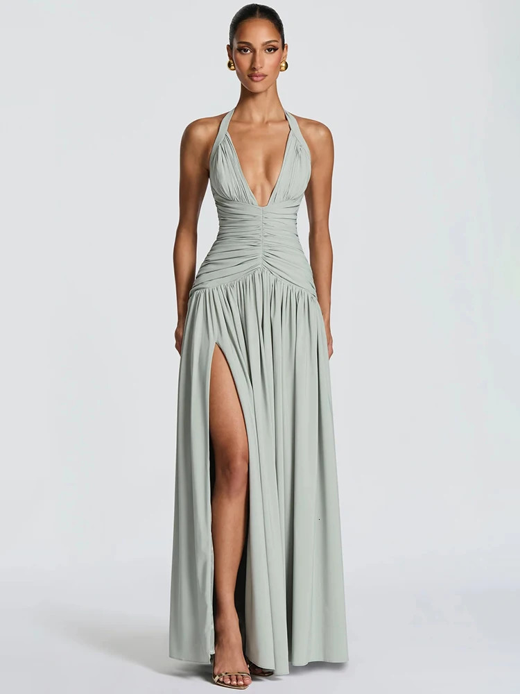 Mozision Halter Deep V Neck Sexy Maxi Dress Women Elegant Off-shoulder Sleeveless High Split Pleated Club Party Long Dress 260407
