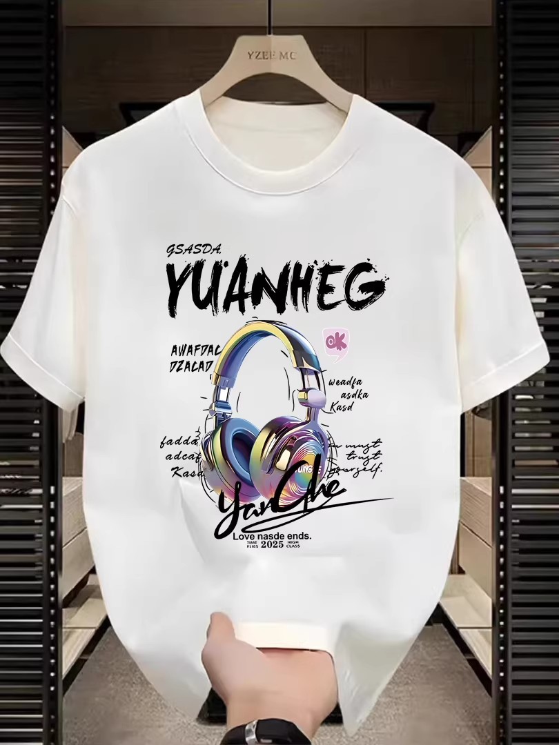 American High-Street INS Trendy Tees | Summer Headphone Print Heavyweight Cotton Men's Loose Crew Neck Tops