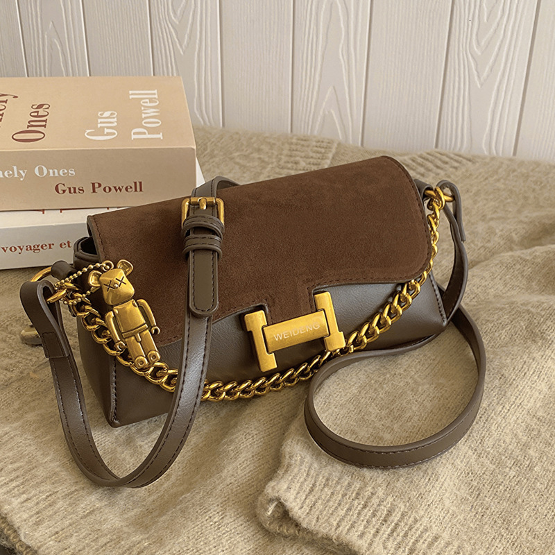 WEIDENG Contrast Flap Bag with Bear Charm for Women, 2026 New Arrival Suede & Leather Crossbody, Perfect for Dating, Shopping & Travel
