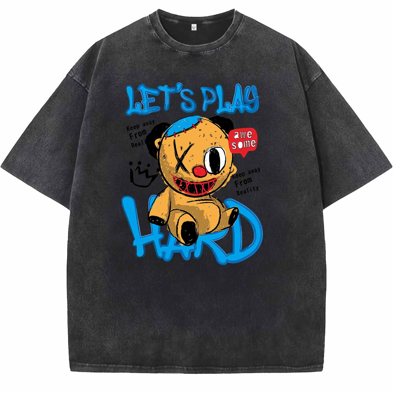 Vintage Washed Distressed T-Shirt, Men's Oversized Scary Bear Cartoon Graphic Tee, Streetwear Hip Hop Short Sleeve Top