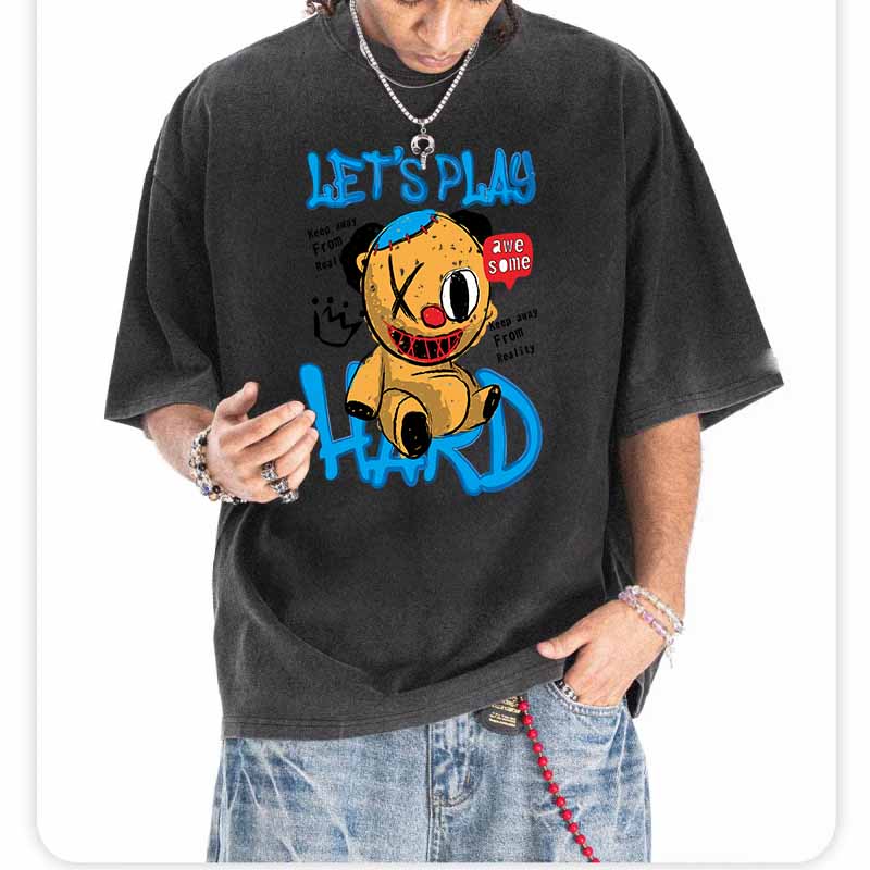 Vintage Washed Distressed T-Shirt, Men's Oversized Scary Bear Cartoon Graphic Tee, Streetwear Hip Hop Short Sleeve Top