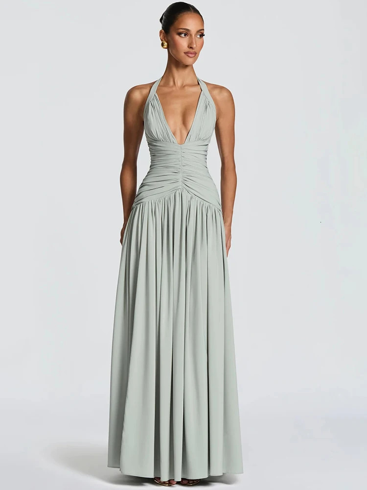 Mozision Halter Deep V Neck Sexy Maxi Dress Women Elegant Off-shoulder Sleeveless High Split Pleated Club Party Long Dress 260407