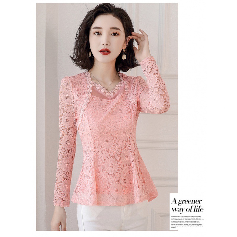2025 Spring New Large Size Elegant Waist-Slimming Long Lace Blouse for Women Solid Color Suitable for Mothers 210317