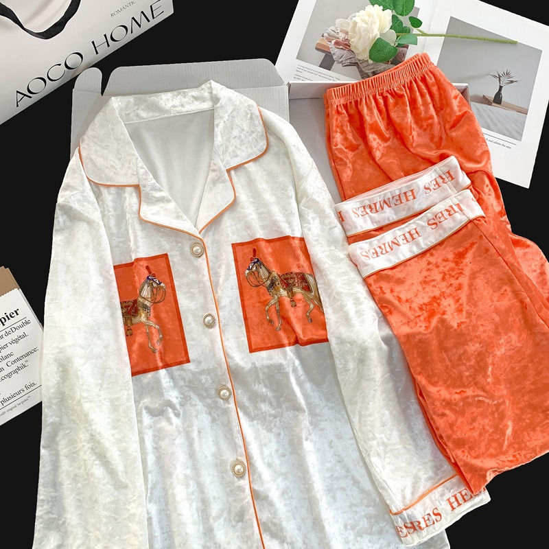 Fall Winter New Women's Pajamas Sweet Luxurious Style Comfortable Turn Down Collar Gold Diamond Velvet Long Sleeve Homewear Set