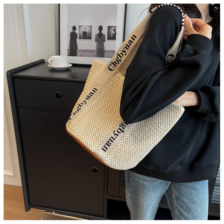 Large Woven Straw Bag, Women's Adjustable Shoulder Handbag with Letter Print, Trendy Summer Vacation Tote - view 7