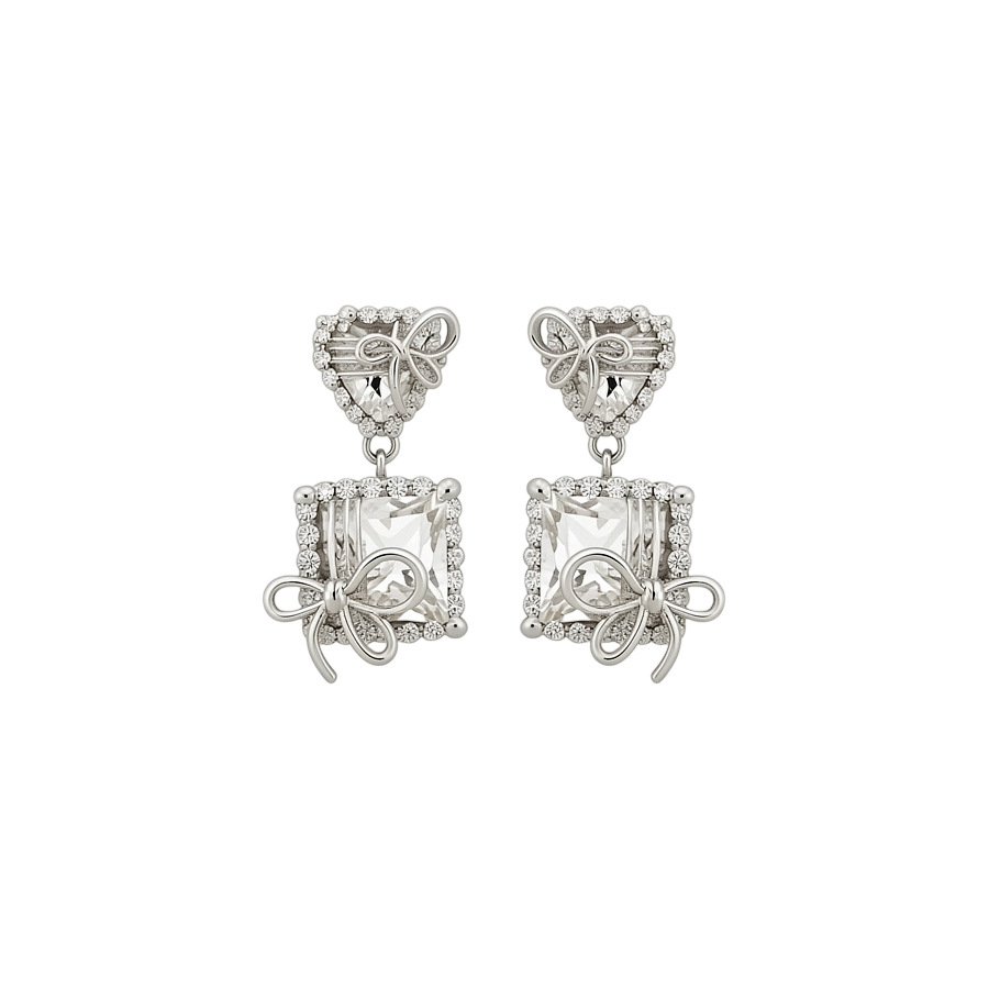 Silver needle zircon heart-shaped square bow earrings, simple stylish, versatile elegant, light luxury and high-end feel - view 9