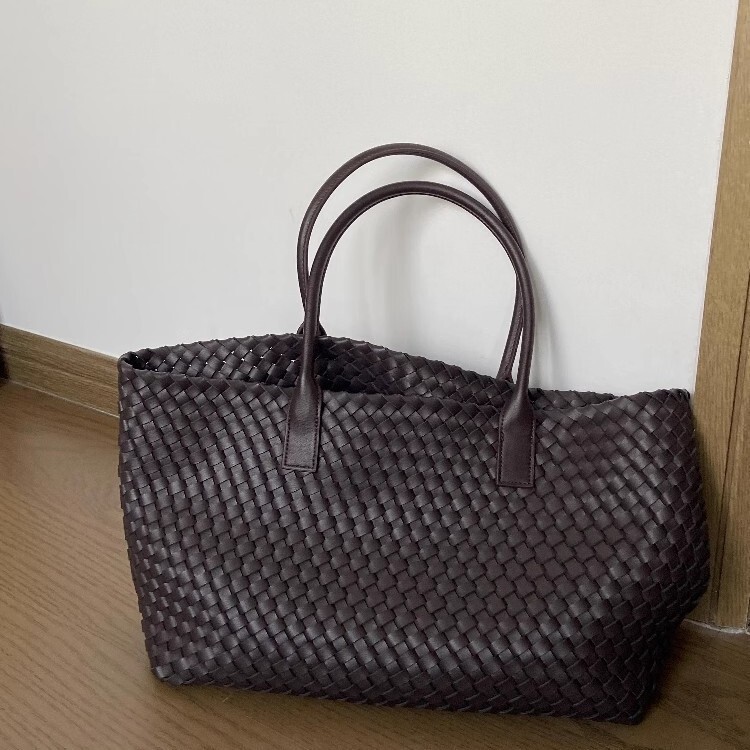 Hand Woven PU Large Capacity Tote Bag Double Top Handle Open Top Casual Shopping Shoulder Handbag For Daily Travel