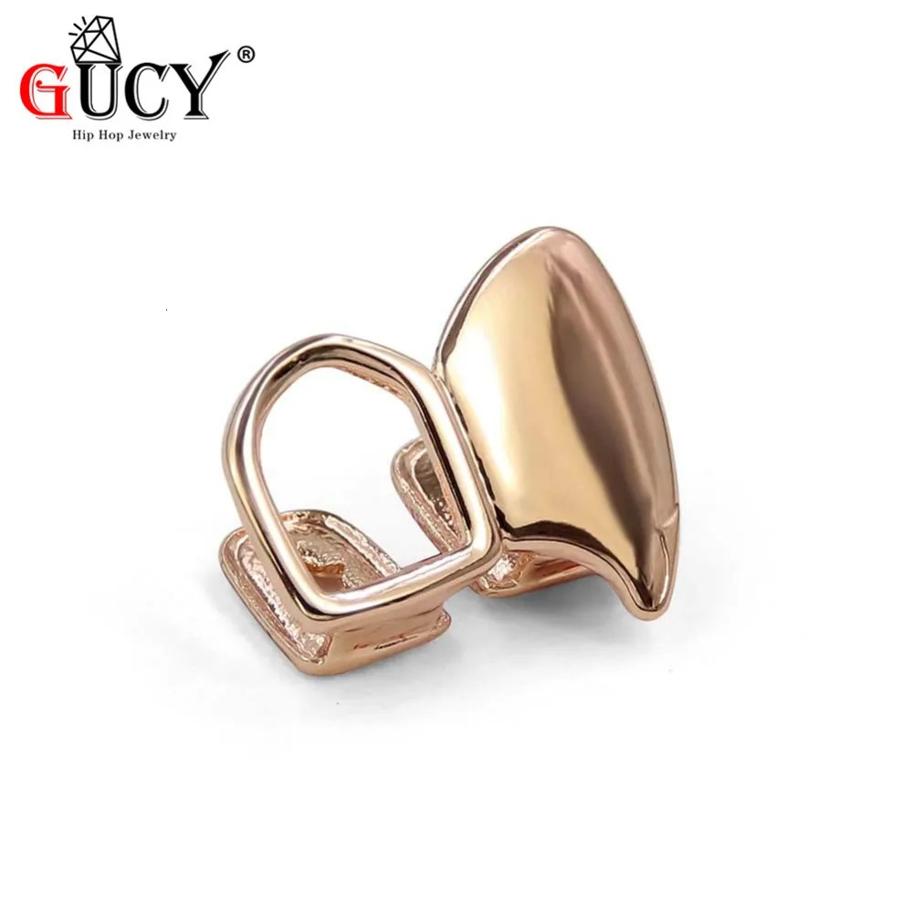 GUCY Hip Hop Double Cap Fang Yellow Gold Color Plated Canine Two Tooth Upper Top Left Fangs Hollow Teeth Grills 260407