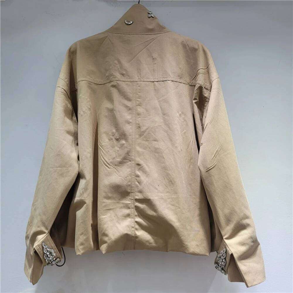 GALCAUR Khaki Spliced Diamonds Jacket Female Stand Collar Long Sleeve Loose Streetwear Casual Women's Jackets Autumn Fashion New Mdng260408