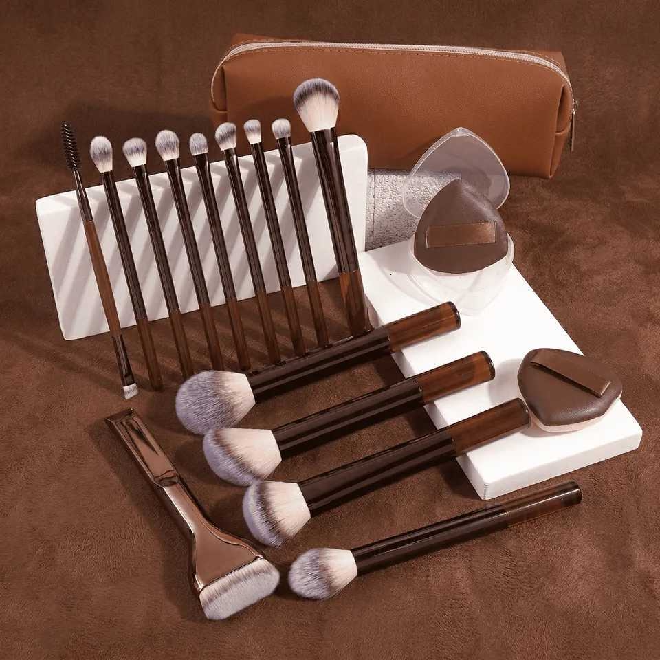 13PcsProfessional Makeup Brush Set With Bag and 2 Puffs Cosmetic Brush Set Metal Frame Multiple Brushes Including Eyeshadow Z260408