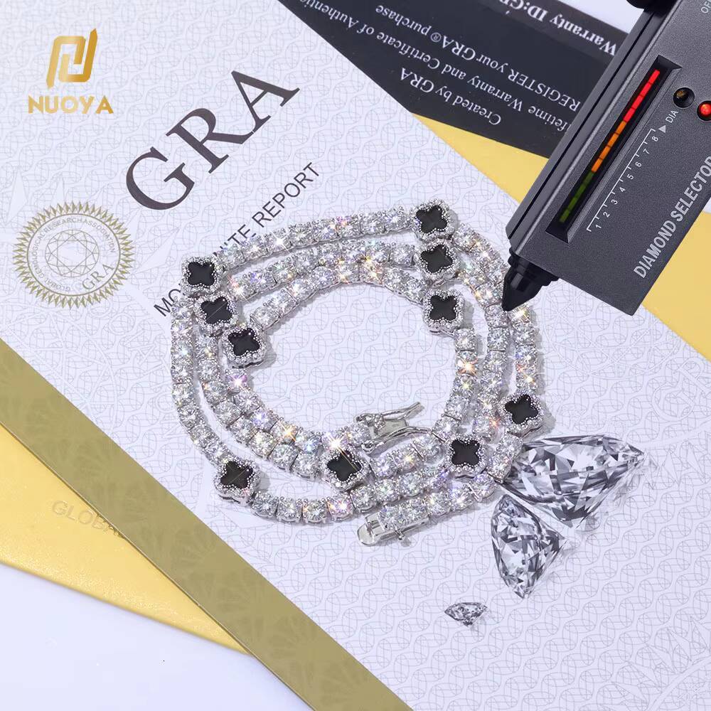 NUOYA 4mm Iced Out VVS Moissanite Tennis Chain 925 Silver Necklace Black Four Leaf Clover Hip Hop Jewelry Gift