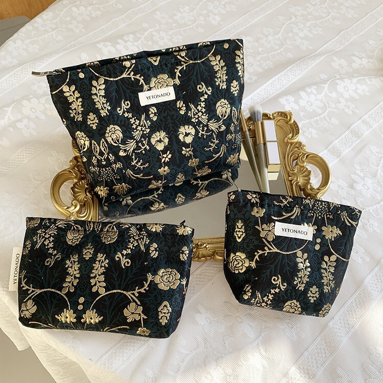 Storage Bag Large Capacity Vintage Embroidered Flowers Design Travel Portable Clutch Toiletry Bag Black Gold Color