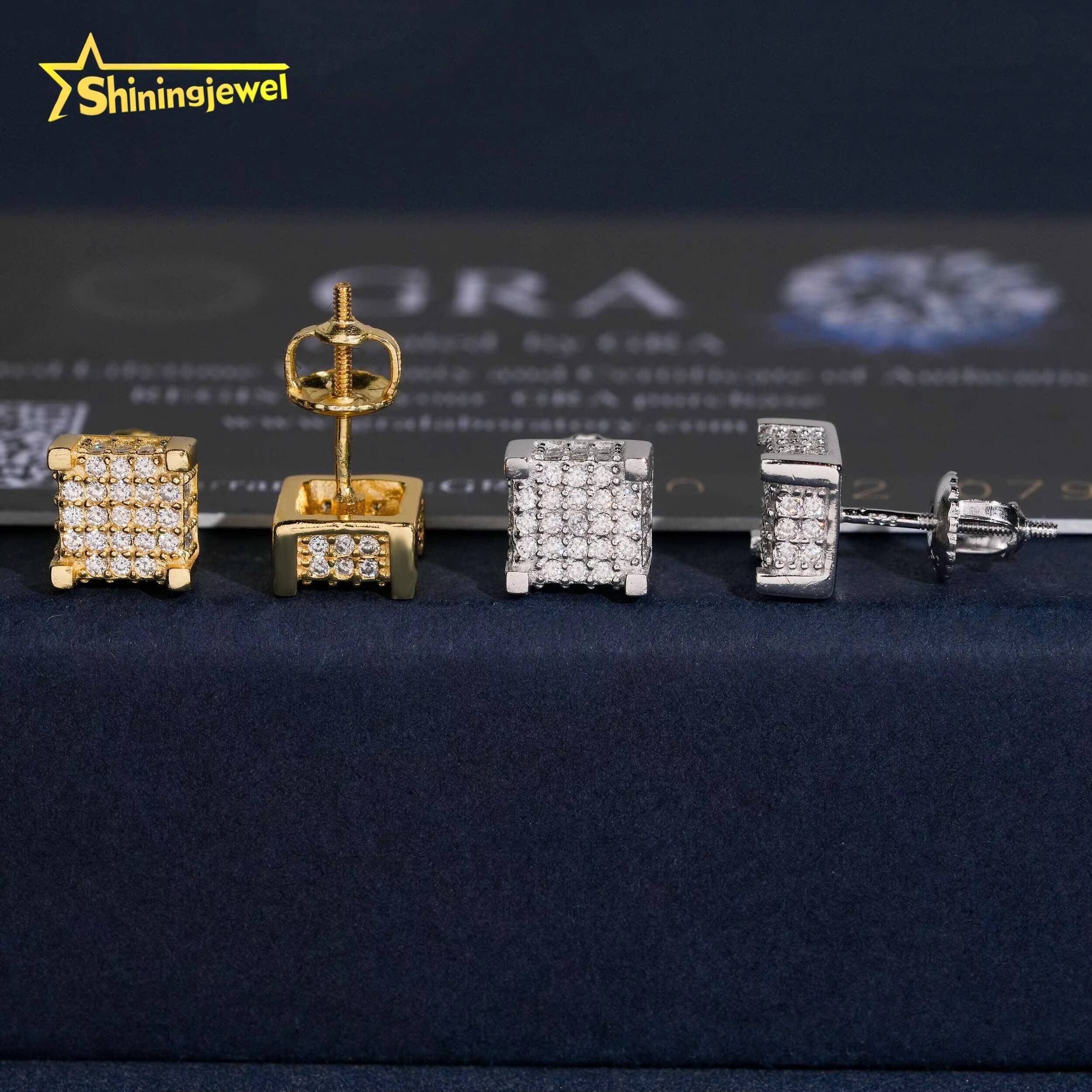 Shining Moissanite Iced Out Earrings 7mm Pass Diamond Test Moisssanite Gold Plated Sterling Silver 925 Screw Back Stud Earrings