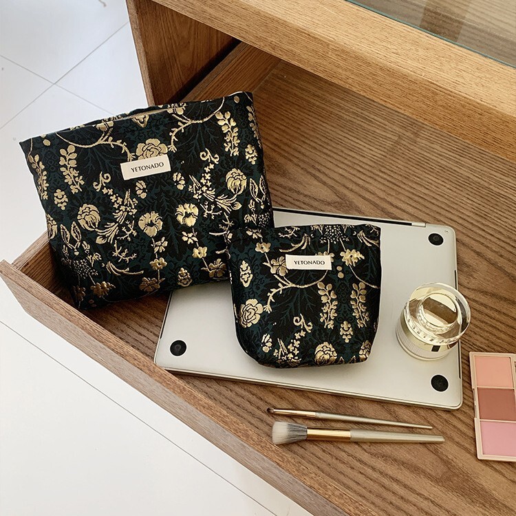 Storage Bag Large Capacity Vintage Embroidered Flowers Design Travel Portable Clutch Toiletry Bag Black Gold Color