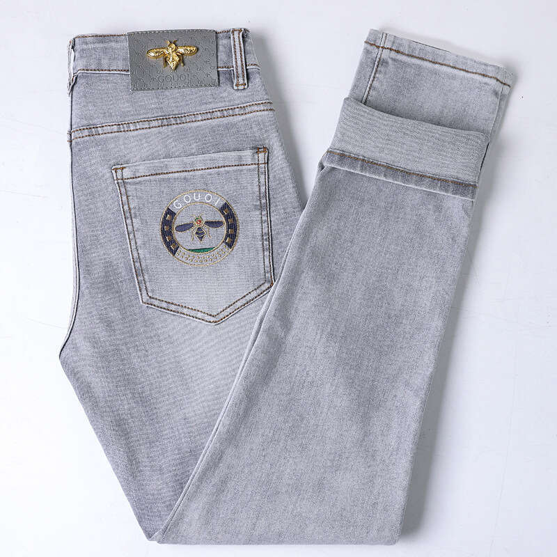 Spring Summer Mid Waist Stretch Slim Fit High End Embroidered Men's Long Ankle Length Pants Soft Breathable Lightweight Daily Wear Comfortable