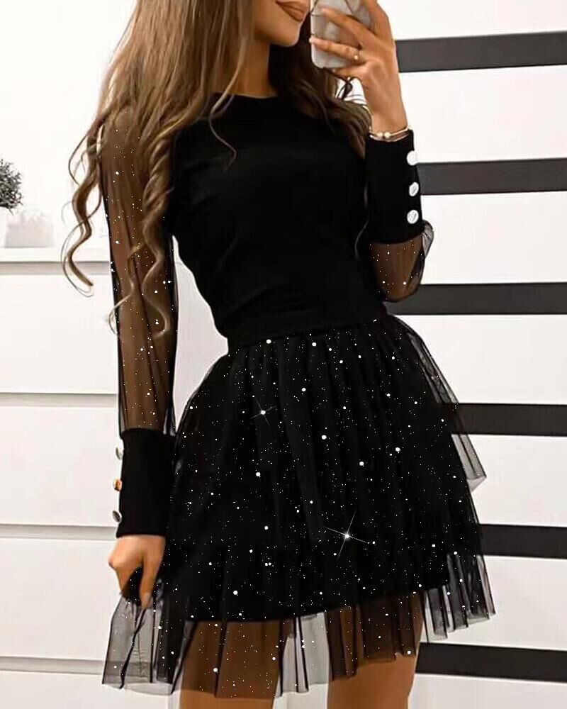 Women Fashion Black Mesh Splicing Cocktail Party Dress Club Dress Long Sleeve Mini Dress 210716
