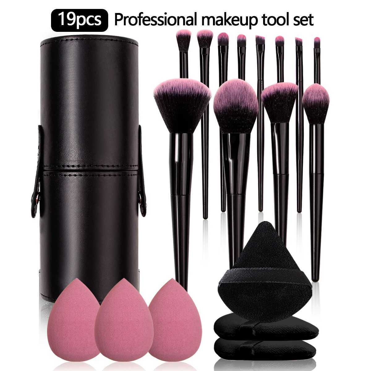 19PCS set of 12 makeup brush sets 3pcs triangular powder puff 3pcs non-powder makeup egg 1pcs makeup brush storage bucket Z260408