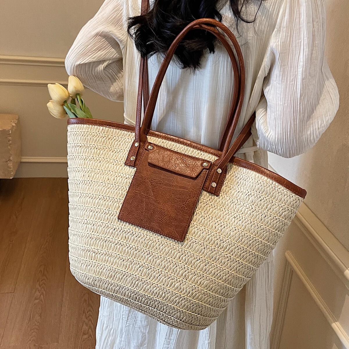 Large Straw Woven Tote, Women's Woven Beach Shoulder Bag with Leather Pocket, Trendy 2026 Casual Travel Tote for Summer